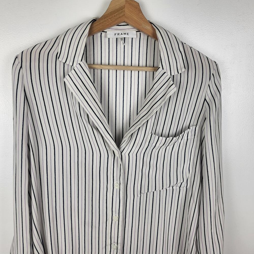 FRAME 100% Silk Striped Button Down Blouse | Black White XS - Picture 4 of 11
